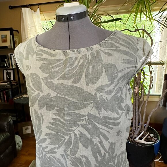 LINA TOMEI Linen Dress Made in Italy Green Tropical Leaf Pattern L - Picture 2 of 9